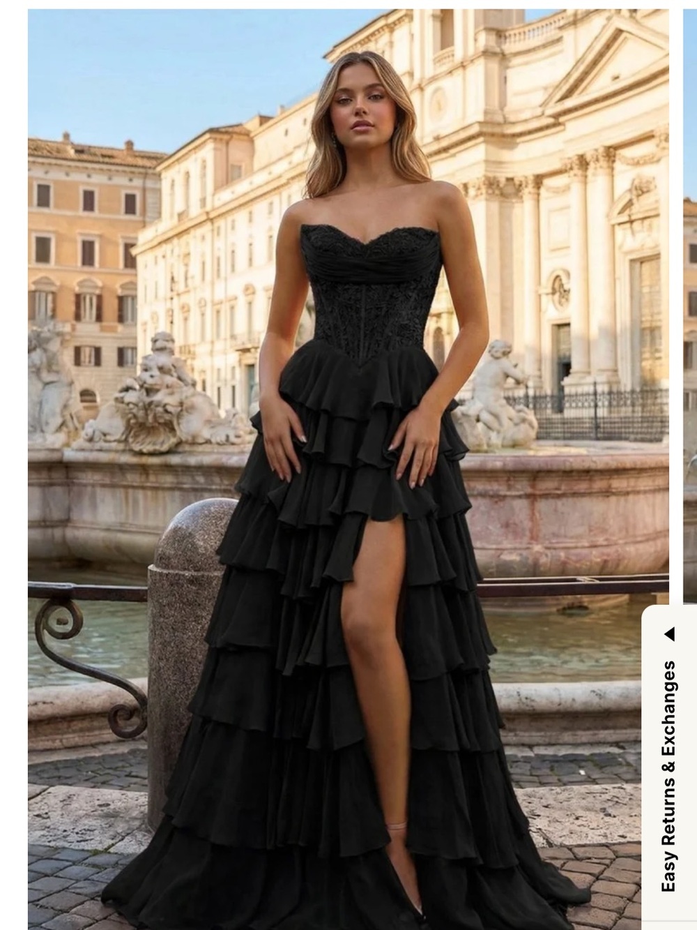 Elegant Strapless Black Layered Ruffle Evening Gown